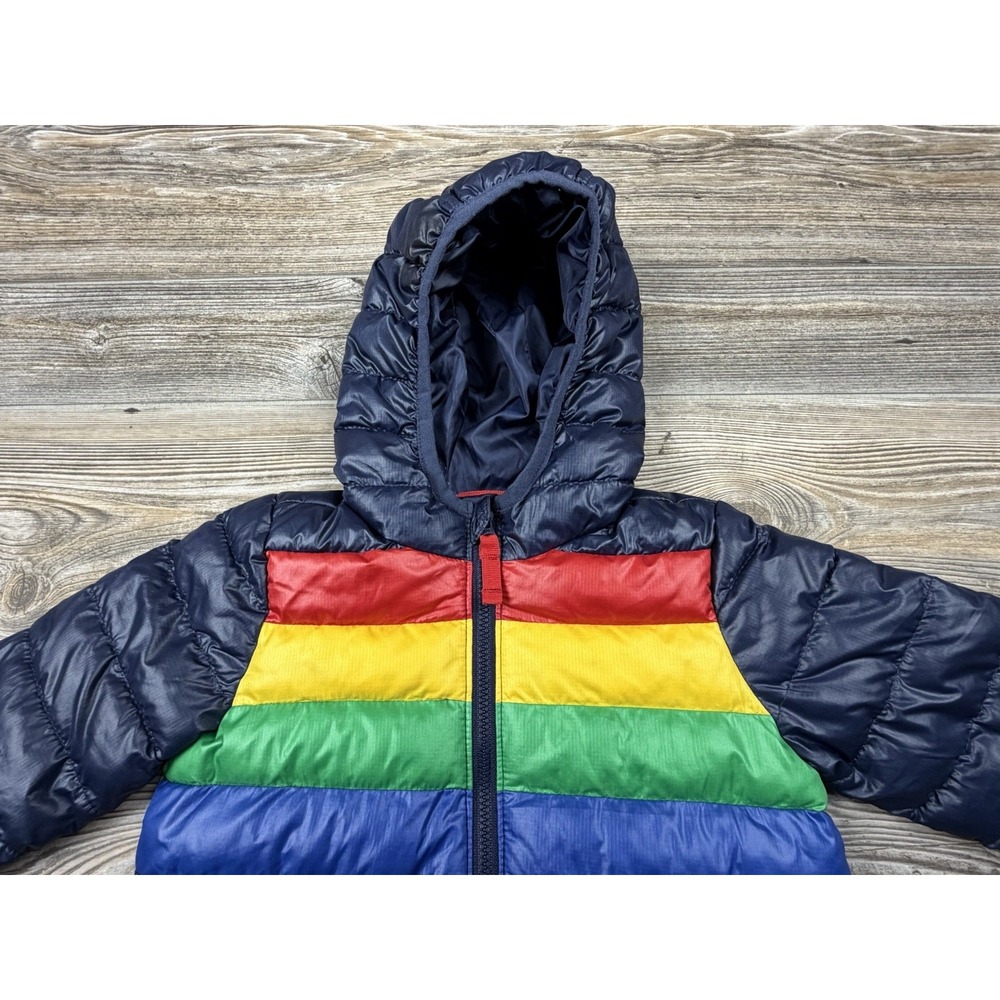 Primary Navy & Rainbow Striped Hooded Puffer Snowsuit 6-12 Months Lightweight - Picture 2 of 12